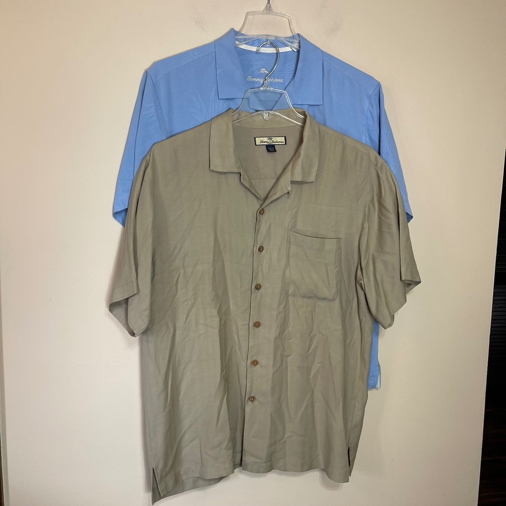 Tommy Bahama Mens 100% Silk Short Sleeve Camp‎ Blue Tan Large (lot of 2)